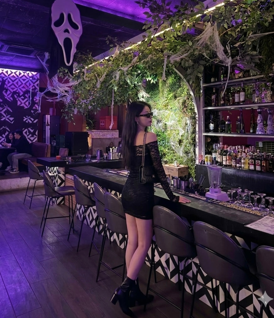 Lace off-shoulder mini dress